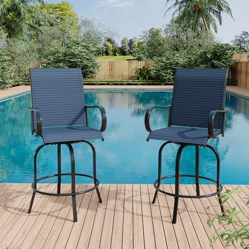 Outdoor Swivel Bar Stools Set of 2, Bar Height Patio Chairs with High Back & Armrest, All-Weather Textilene Fabric 360° Swivel Tall Barstools for Patio, Deck, Backyard, Garden