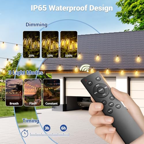 50FT Solar String Lights Outdoor Waterproof, 18+1 LED Solar Powered Lights with Remote Control, 3 Light Modes & Dimmable, USB-C Charging for Patio, Backyard, Garden, Camping