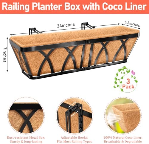 Riare 3 Pack 24 Inch Metal Railing Planter Window Box with Coco Liner