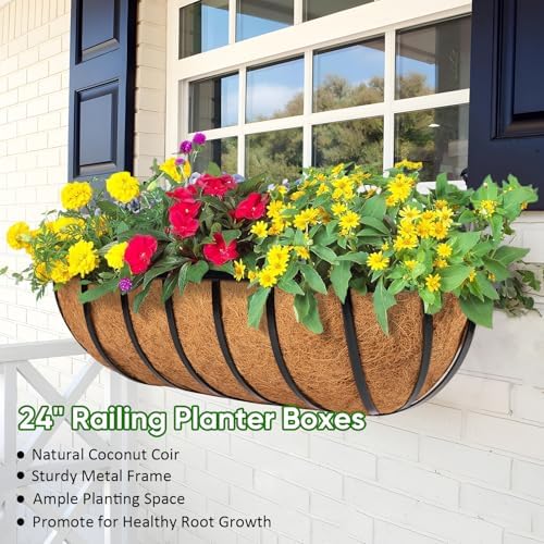 LCHUANG Railing Planter Window Box - 4 Pack 24 Inch Deck Balcony Rail Planter with Coconut Coir Liner, Fence Metal Hanging Flower Basket Deck Railing Planter Boxes for Outdoor Garden