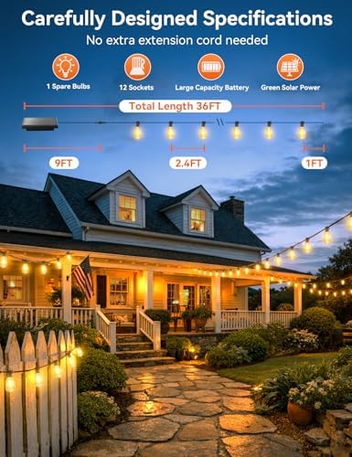Brightever 36FT Solar String Lights Outdoor Waterproof with Remote, 12+1 Shatterproof ST38 LED Bulbs, Warm White & 3 Lighting Modes, Dimmable Outdoor Solar Lights for Patio, Camping, Party