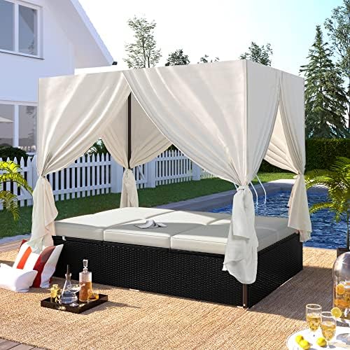 Wicker Metal Outdoor Patio Daybed with Canopy, Outside Poolside Chaise