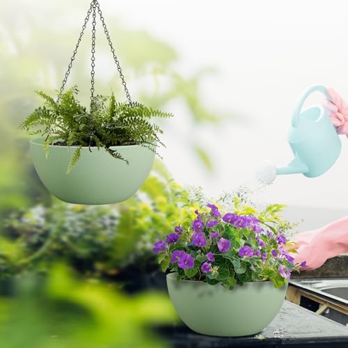 WSMKSZ 10 inch Hanging Planters for Outdoor Indoor Plants with Drainage Holes and Chain, 2 Pack Round Hanging Flower Pots for Garden Home Porch Decor,Green