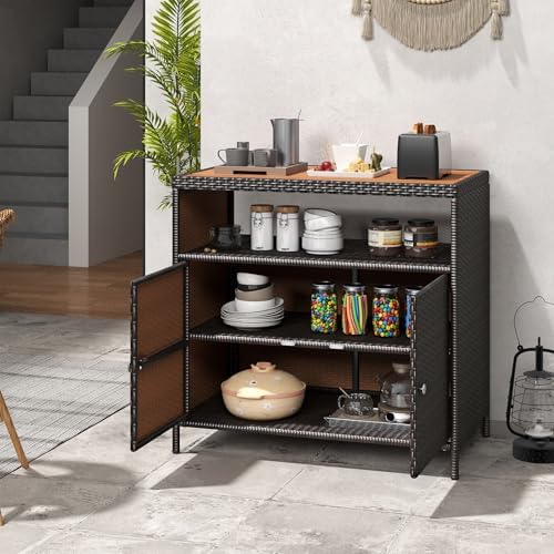 LDAILY Outdoor Storage Cabinet, Wicker Patio Buffet Cabinet with Acacia Wood Top, 2 Doors & Open Shelf, PE Rattan Bar Table for Garden, Kitchen, Backyard & Poolside, Mixed Brown