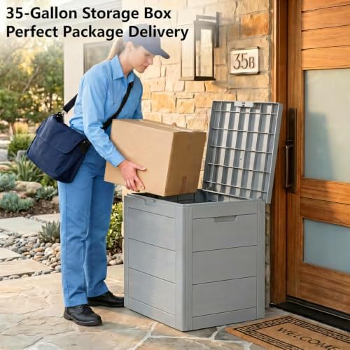 35 Gallon Outdoor Deck Box with Lid, Waterproof Lockable Resin Storage Container for Patio Cushions, Pool Toys, Garden Tools, and Porch Packages Delivery, Grey