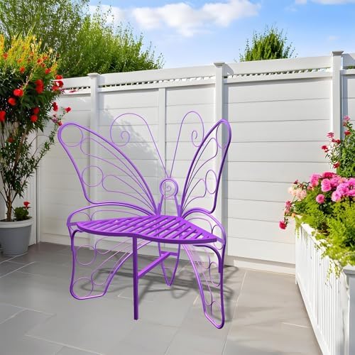 Butterfly Shaped Outdoor Bench, Purple Garden Bench with Sturdy Stable Metal Frame, Outdoor Metal Chair Butterfly Bench for Garden, Yard, Balcony, Lawn(Purple/Small).
