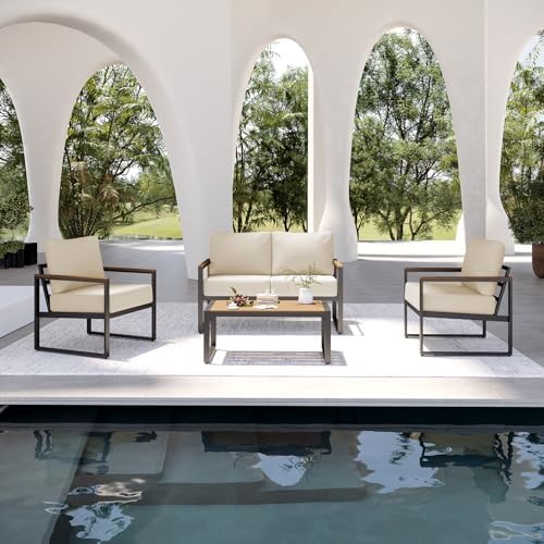 Aoxun Patio Furniture Set, 4 Piece Outdoor Patio Furniture with Thick Cushions, Modern Metal Outdoor Conversation Sets with Coffee Table for Porch, Balcony, Deck Beige