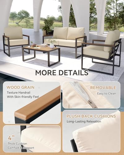 Aoxun Patio Furniture Set, 4 Piece Outdoor Patio Furniture with Thick Cushions, Modern Metal Outdoor Conversation Sets with Coffee Table for Porch, Balcony, Deck Beige