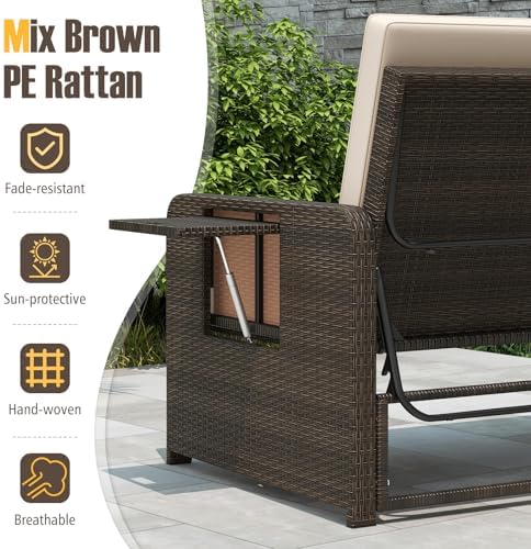 LDAILY Moccha Outdoor Daybed, Wicker Loveseat Sofa Set with 4-Postion Adjustable Backrest, Storage Ottoman, Cushions, Rattan Double Bed Lounger, Patio Furniture Set (Beige)