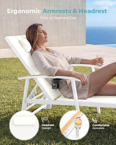 Ciokea Outdoor Lounge Chair with Pillow, 5-Position Aluminum Chaise