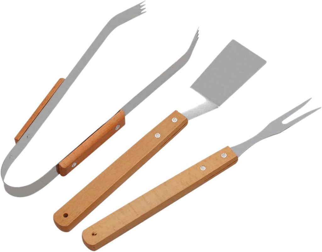 3 Piece Grill Set BBQ Accessories - BBQ Grilling Tools Set Kitchen Tongs, Metal Spatula & Fork Utensils - Stainless Steel Barbecue Grill Utensils for Outdoor Grill with Wood Handles (Khaki, One Size)