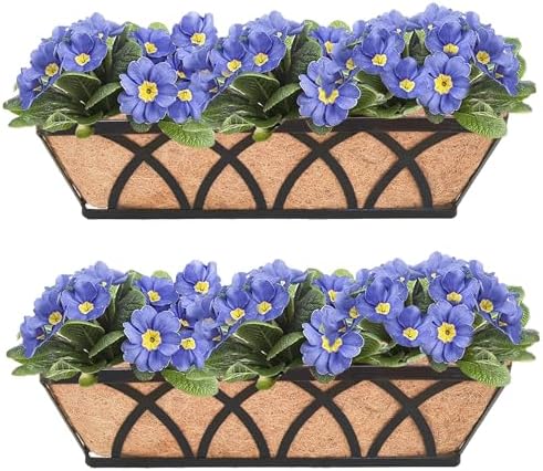 Flat Railing Planter Window Box 2 Pack 24" Horse Trough Planter with Coco Fiber Liner Metal Window Planters Box Deck Balcony Rail Planters for Outdoor Porch Fence Patio