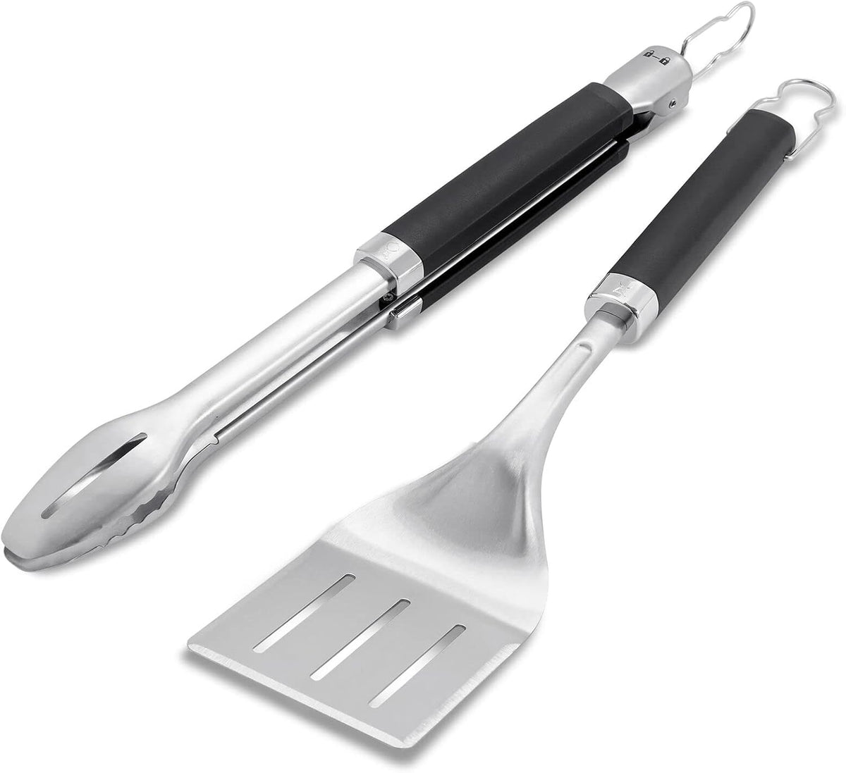 Weber® Precision Tongs & Spatula Grilling Tool Set, Stainless Steel | BBQ Tools with Hands‑Free Locking Tongs, 3‑Sided Beveled Spatula, Non‑Slip Soft‑Touch Handles - Grill Accessory Kit