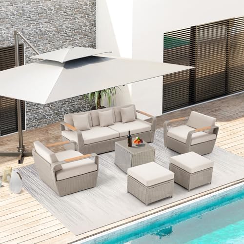 HOMREST Patio Furniture Set, Oversized 7-Seat Outdoor Sectional with Ottoman and Coffee Table, Wicker Rattan Patio Sofa Set with 5" Thick Removable Cushions for Garden, Porch, Backyard, Light Gray