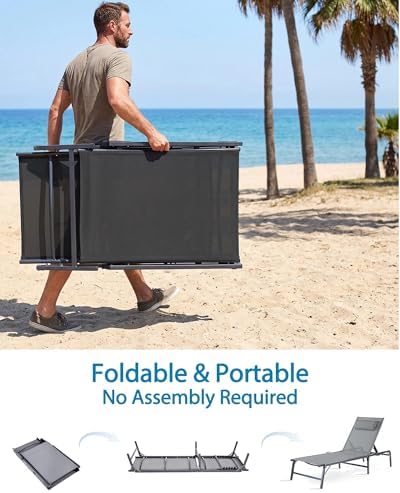 2 Pack Foldable Chaise Lounge Chair with Cup Holder, Assemble-Free