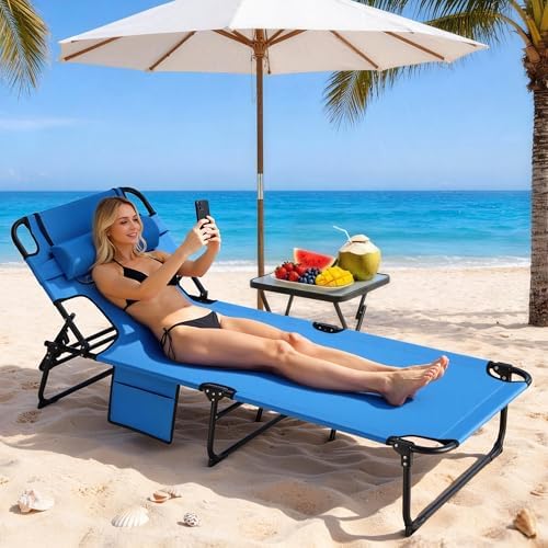 3-in-1 Sun Tanning Chair with Face Holes, Folding Chaise Lounge Chairs, 5-Position Adjustable Lounge Chair Outdoor with 2 Side Pocket & Pillow, for Pool Beach, Patio, Camping, Blue