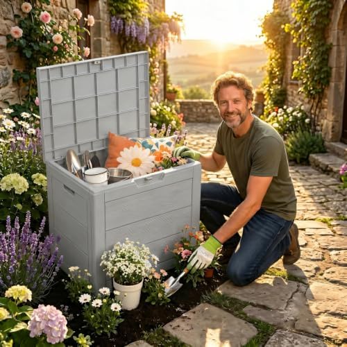 35 Gallon Outdoor Deck Box with Lid, Waterproof Lockable Resin Storage Container for Patio Cushions, Pool Toys, Garden Tools, and Porch Packages Delivery, Grey