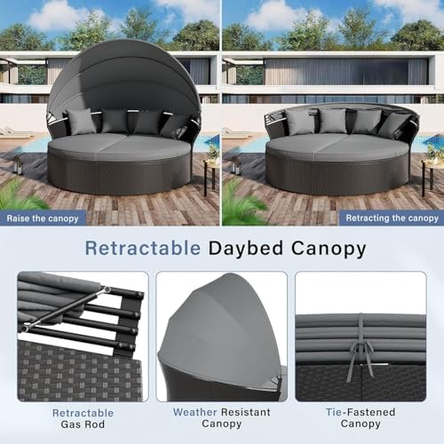Patio Round Daybed with Canopy, Outdoor Wicker Rattan Sectional Sofa Set with Cushions, Patio Conversation Set for Backyard, Porch, Pool (Black)