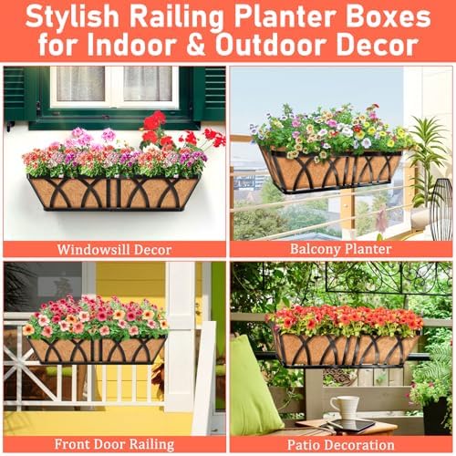 Riare 3 Pack 24 Inch Metal Railing Planter Window Box with Coco Liner