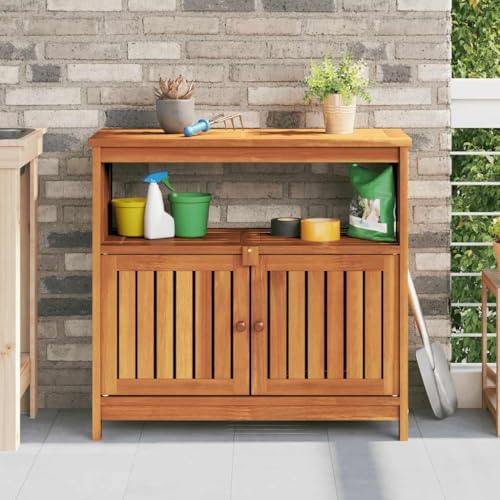 Garden Console Table, Outdoor Storage Cabinet with 2 Doors and 2 Shelves for Patio, Garden, Backyard, 31.5 x 31.5 x 29.5 in Brown Solid Acacia Wood