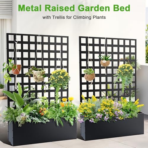 Metal Planter Box with Trellis, 71"x47"x12" Raised Garden Bed with Trellis