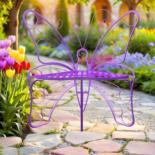 Butterfly Shaped Outdoor Bench, Purple Garden Bench with Sturdy Stable Metal Frame, Outdoor Metal Chair Butterfly Bench for Garden, Yard, Balcony, Lawn(Purple/Small).