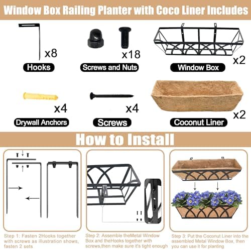 Flat Railing Planter Window Box 2 Pack 24" Horse Trough Planter with Coco Fiber Liner Metal Window Planters Box Deck Balcony Rail Planters for Outdoor Porch Fence Patio