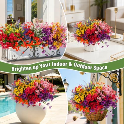 32 Bundles Artificial Flowers Plants for Outdoors, No Fade Fake Plastic Flowers Faux Plants UV Resistant Artificial Flower for Hanging Planters Outside Home Porch Indoor Spring Window Farmhouse Decor
