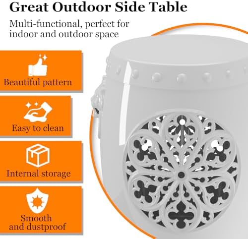 Decorative Stool Outdoor,Antique Classic Ceramic-Like Appearance, Waterproof UV Resistant Lightweight Sturdy Easy to Assemble & Clean Inside Outside Use (White)