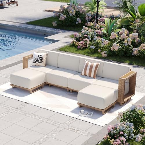 Aoxun Patio Furniture Set, 6 Piece Outdoor Wicker Sofa, Yellow/Beige