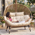 NICESOUL® Double Egg Chair Indoor Outdoor Stationary Oversized 6.5" Thick Padded Cushions,2 Person Egg Wicker Loveseat Chair, Extra Large Lounge Chair for Patio Balcony Porch Backyard Beige