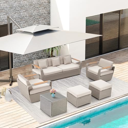HOMREST Patio Furniture Set, Oversized 7-Seat Outdoor Sectional with Ottoman and Coffee Table, Wicker Rattan Patio Sofa Set with 5" Thick Removable Cushions for Garden, Porch, Backyard, Light Gray
