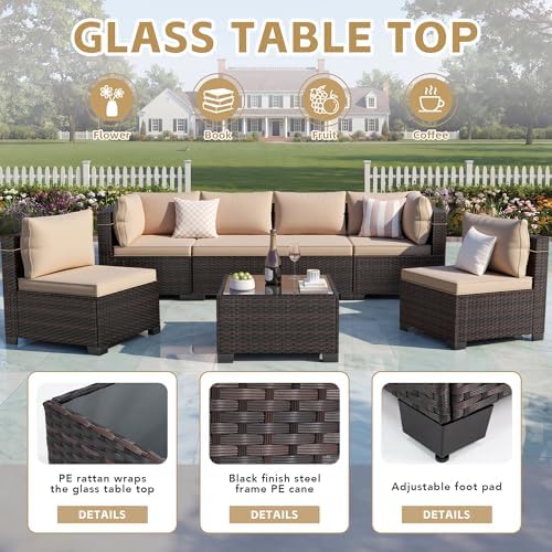 LAFWLL 7 Pieces Outdoor Patio Furniture Sets,Rattan Conversation Sectional Set,Manual Weaving Wicker Patio Sofa with Tea Table