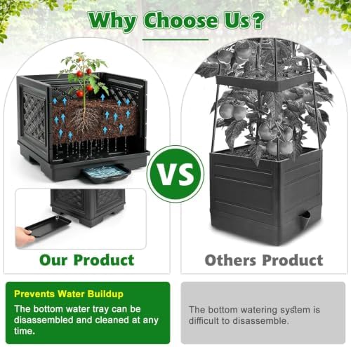 Tomato Planter with Wheels, 57" Self Watering Raised Garden Bed with Tomato Cage & Trellis for Light Climbing Plants, Cherry Tomatoes