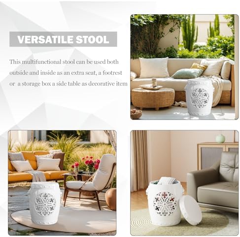 Decorative Stool Outdoor,Antique Classic Ceramic-Like Appearance, Waterproof UV Resistant Lightweight Sturdy Easy to Assemble & Clean Inside Outside Use (White)