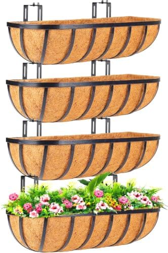 LCHUANG Railing Planter Window Box - 4 Pack 24 Inch Deck Balcony Rail Planter with Coconut Coir Liner, Fence Metal Hanging Flower Basket Deck Railing Planter Boxes for Outdoor Garden