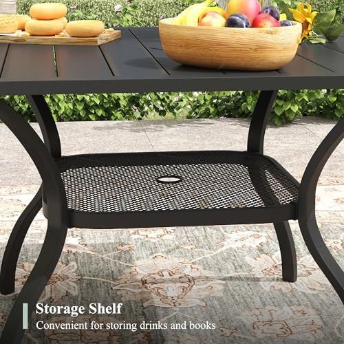 5 Pieces Outdoor Dining Set, Stackable Textilene Paito Chairs & 37.8" Square Dining Table with Umbrella Hole and Shelf, Patio Dining Set for Backyard, Deck, Garden, Grey & Black