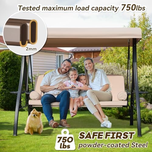 3 Seat Outdoor Swing for Adults, Patio Swing Chair with Thickened Cushions,Pillows & Cup Holders for Backyard, Porch, Garden (White)
