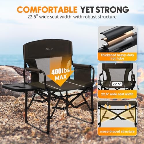 Directors Chair Foldable with Side Table, 400lb Heavy Duty for Adults Outdoor, Folding Camping Chair for Sideline Sports, Fishing, Patio, Lawn, Picnic, Beach, 2-Pack Brown