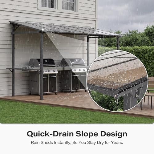 LAUSAINT HOME 12x6 ft Hardtop Grill Gazebo, Outdoor Sloping PC Roof BBQ Patio Metal Gazebo with Shelves and Hooks, Heavy Duty Barbecue Canopy Pergola for Backyard, Garden, Patio, Brown Shade