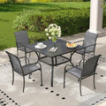 5 Pieces Outdoor Dining Set, Stackable Textilene Paito Chairs & 37.8" Square Dining Table with Umbrella Hole and Shelf, Patio Dining Set for Backyard, Deck, Garden, Grey & Black