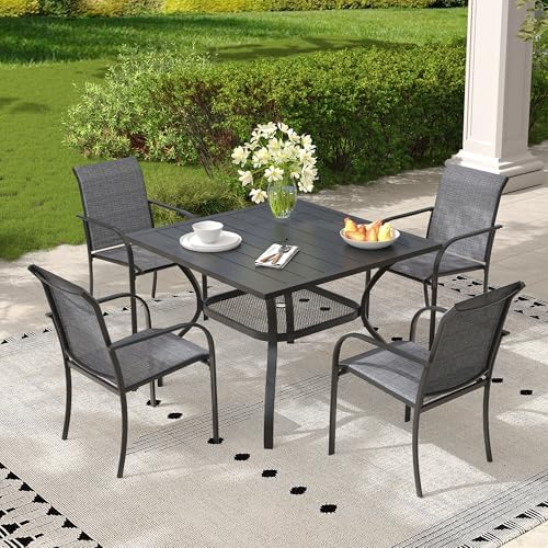 5 Pieces Outdoor Dining Set, Stackable Textilene Paito Chairs & 37.8" Square Dining Table with Umbrella Hole and Shelf, Patio Dining Set for Backyard, Deck, Garden, Grey & Black