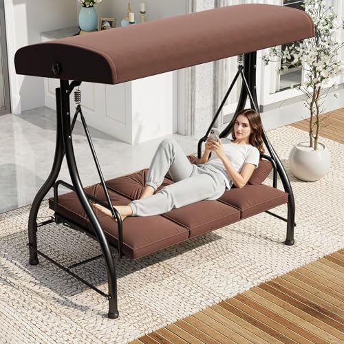 U-MAX Porch Swing Chair with Adjustable Backrest&Canopy, 3 Seat Patio