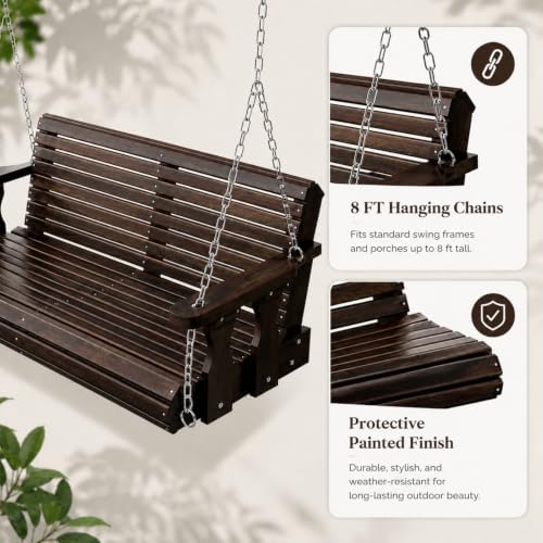 VINGLI 5 FT Heavy Duty Wooden Porch Swing, 880 LBS Outdoor Swing, Rustic