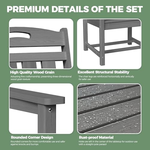 HDPE Outdoor Patio Dining Set with Table & 6 Chairs, All-Weather 7-Piece Outdoor Table and Chairs, 2" Umbrella Hole, Patio Furniture for Garden, Backyard, Deck | Grey