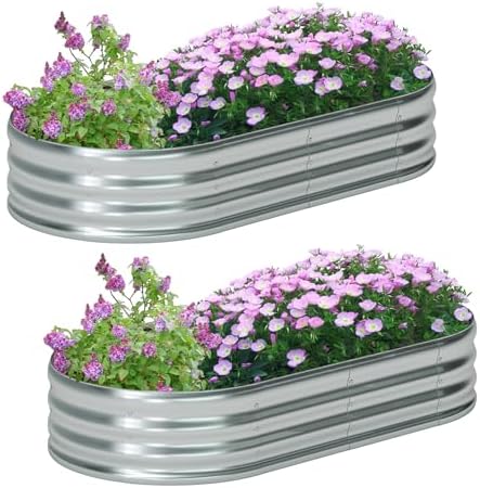 zizin 2 Pack Galvanized Raised Garden Bed Metal Oval Raised Garden