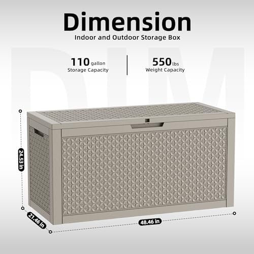 Resin Deck Box Outdoor Storage Box Waterproof for Patio Furniture,Outdoor Cushions,Garden Tools and Pool Supplies (Grey, 110 Gallon)