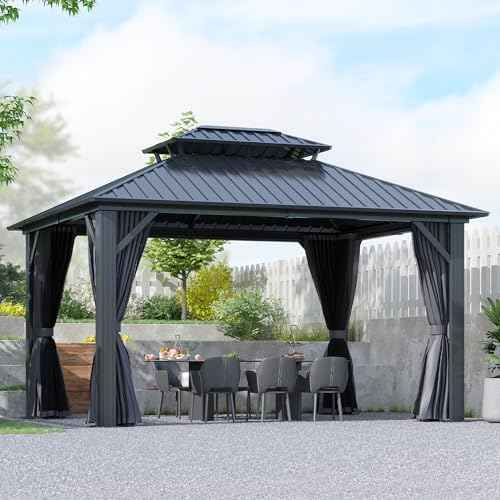 12'x14' Hardtop Gazebo, Outdoor Double Roof Galvanized Steel Gazebo, Aluminum Frame Permanent Pavilion with Curtains & Netting for Backyard, Patio, Deck (12x14)