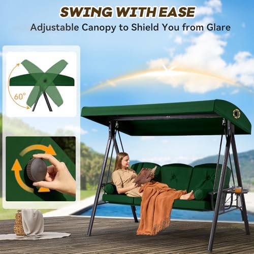 3 Seat Outdoor Patio Porch Swing with Adjustable Canopy, 3 in 1 Swing for Adults, Patio Swing Chair with Thickened Cushions,Pillows & Cup Holders for Backyard, Porch, Garden (Green)