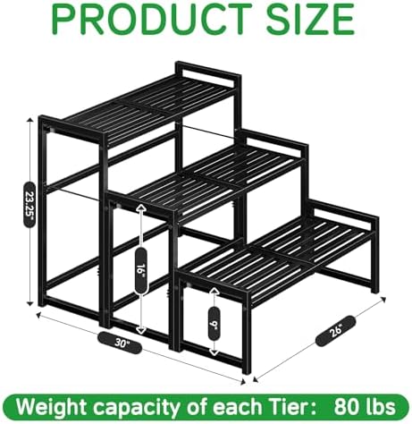 Ekisemio 3-Tier Metal Plant Stand, Heavy Duty Waterproof Indoor Outdoor Stackable Shelf, Tall Flower Pot Holder & Display Rack for Garden, Black